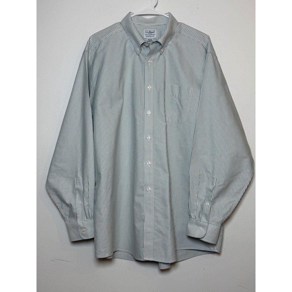 LL‎ Bean Mens Traditional Fit Oxford Shirt Green White Stripe 17.5 35